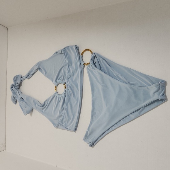 Pretty Little Thing Women's Baby Blue O Ring High Cut Tie Halter Swimsuit Size 6 - Picture 8 of 9